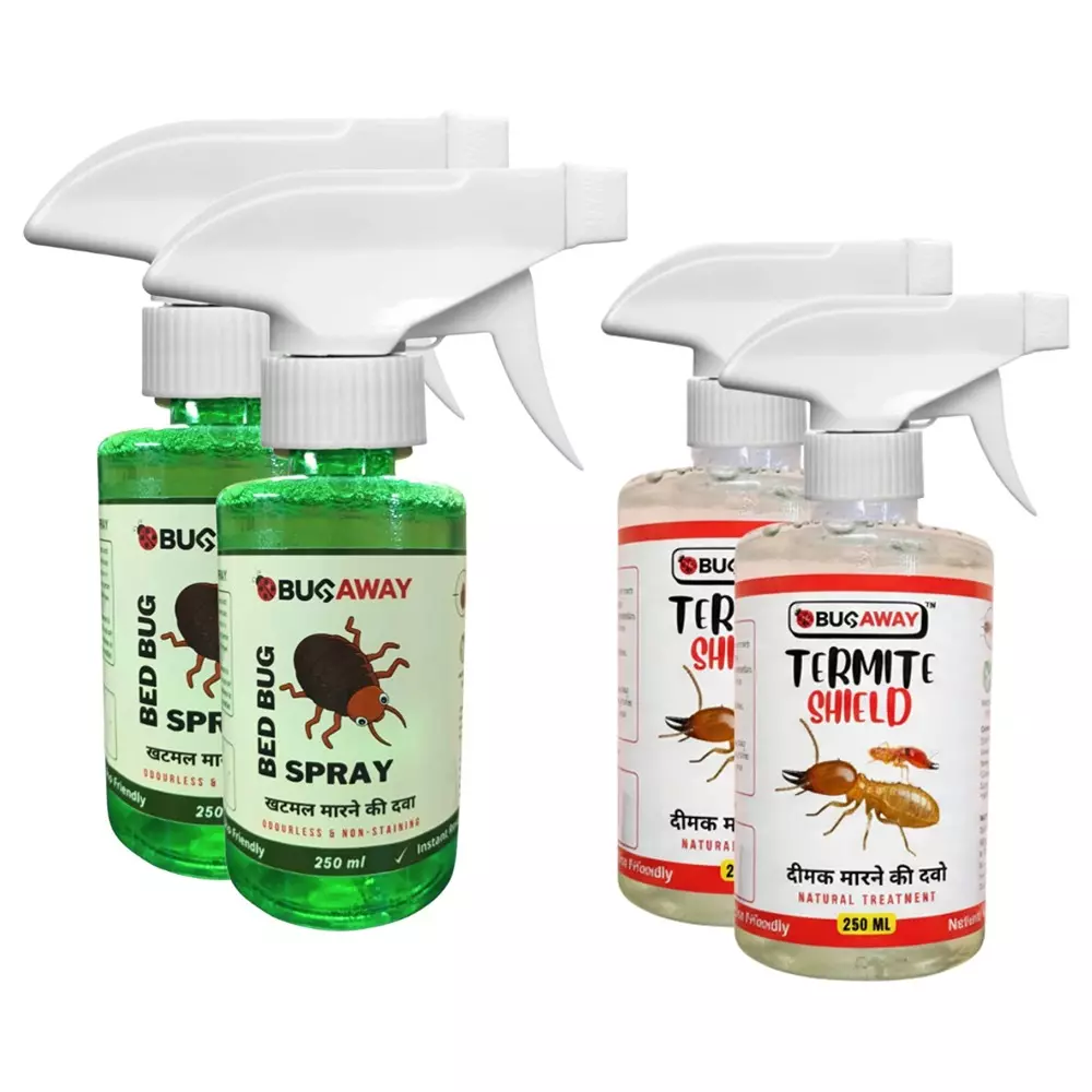Bugaway Herbal 2 Pcs Bedbug Spray (Khatmal Spray) (250 ml), 2 Pcs Termite Shield Spray (250 ml) Fragrance-Free Liquid for Home, School & Office Area