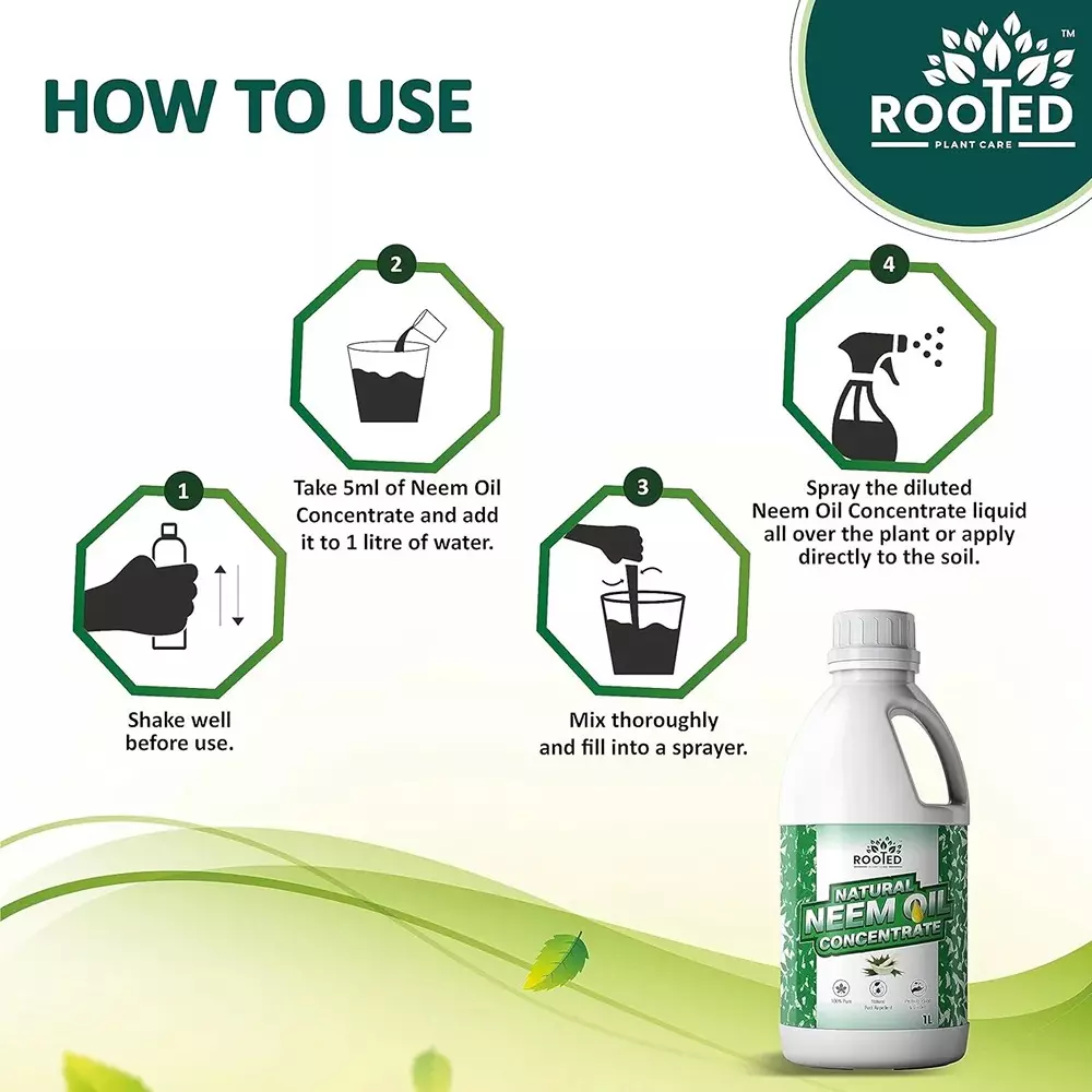Rooted Neem Oil Concentrate 1 L Bottle Liquid Form for Flower Gardens, Indoor Plants, ROOTED_NOC_1L