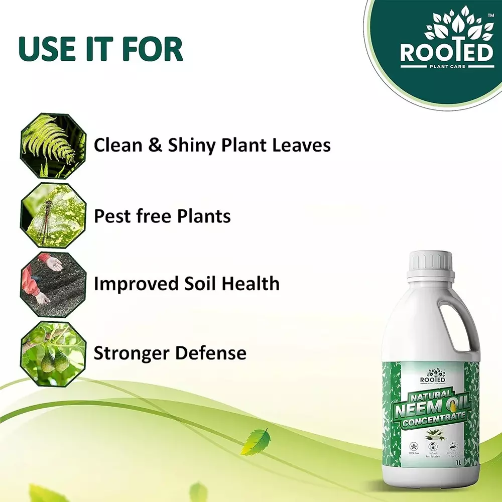 Rooted Neem Oil Concentrate 1 L Bottle Liquid Form for Flower Gardens, Indoor Plants, ROOTED_NOC_1L