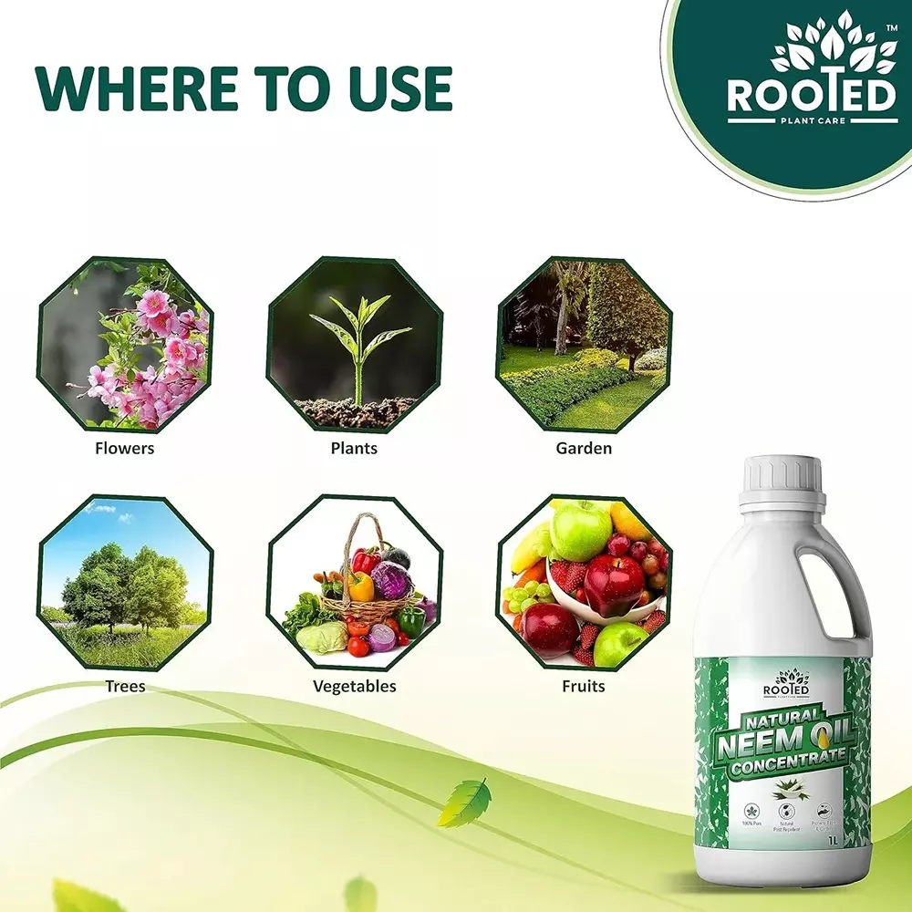Rooted Neem Oil Concentrate 1 L Bottle Liquid Form for Flower Gardens, Indoor Plants, ROOTED_NOC_1L