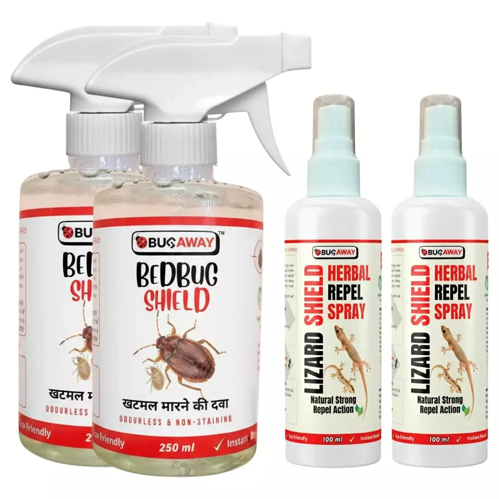 Bugaway Herbal 2 Pcs Bedbug Spray (Khatmal Spray) (250 ml), 2 Pcs Lizard Shield Spray (100 ml) Fragrance-Free Liquid for Home, School & Office Area