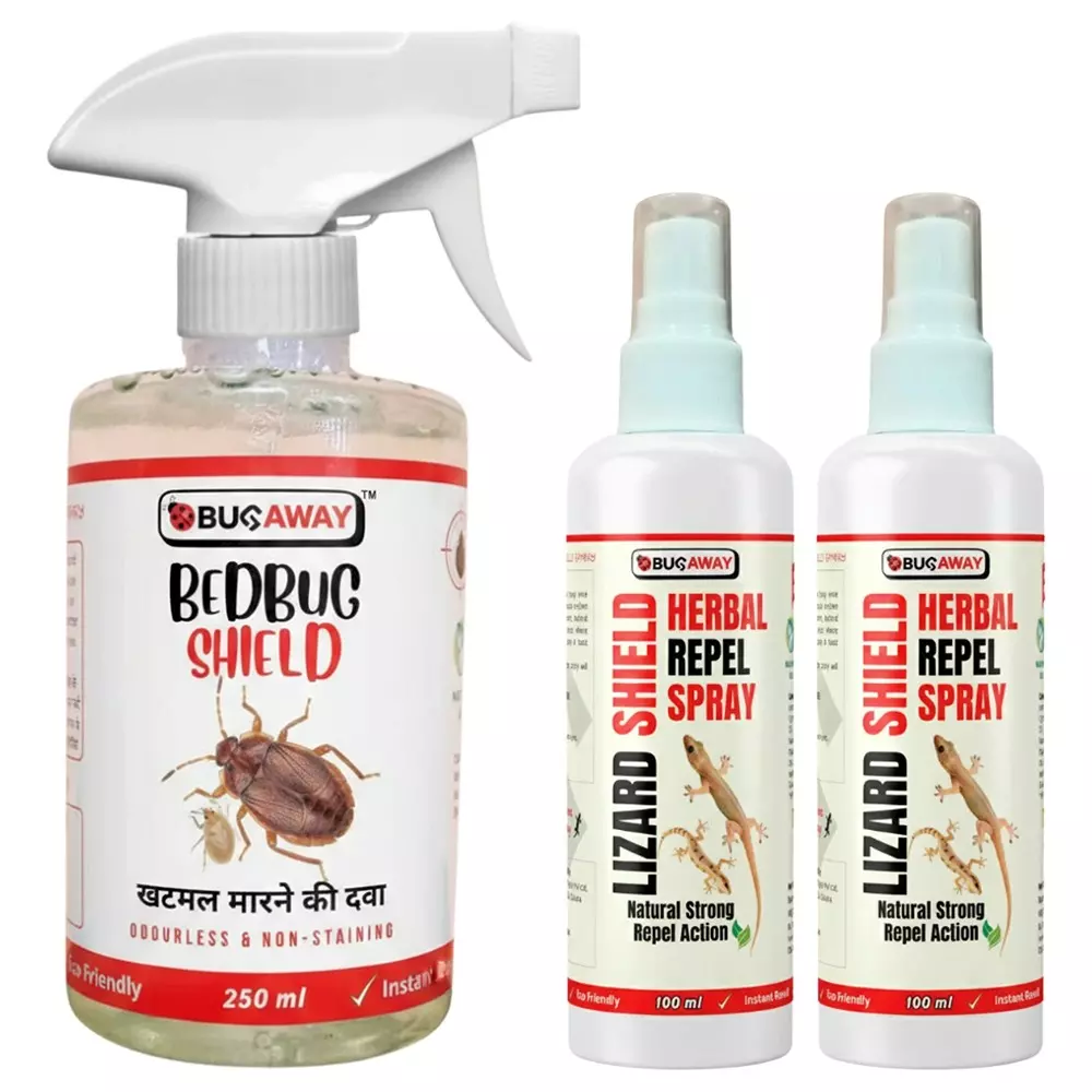 Bugaway Herbal 1 Pc Bedbug Spray (Khatmal Spray) (250 ml), 2 Pcs Lizard Shield Spray (100 ml) Fragrance-Free Liquid for Home, School & Office Area