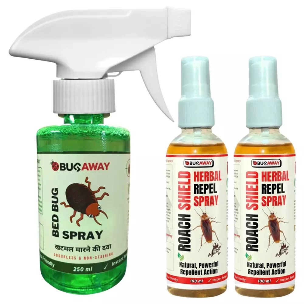 Bugaway Herbal 1 Pc Bedbug Spray (Khatmal Spray) (250 ml), 2 Pcs Roach Shield Spray (100 ml) Fragrance-Free Liquid for Home, School & Office Area