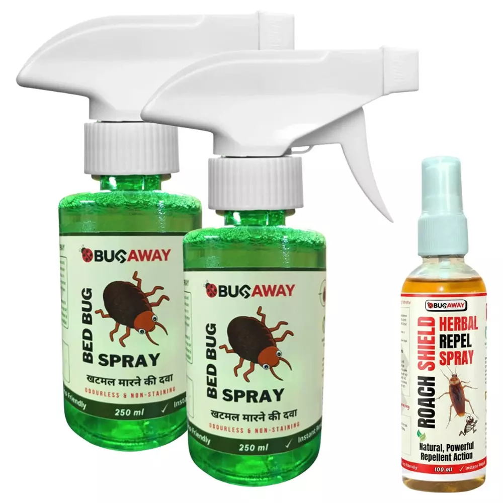Bugaway Herbal 2 Pcs Bedbug Spray (Khatmal Spray) (250 ml), 1 Pc Roach Shield Spray (100 ml) Fragrance-Free Liquid for Home, School & Office Area