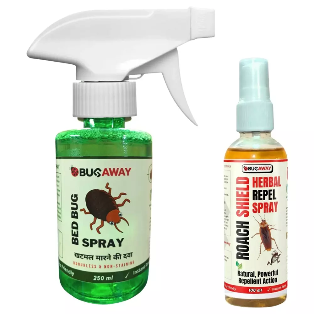 Bugaway Herbal 1 Pc Bedbug Spray (Khatmal Spray) (250 ml), 1 Pc Roach Shield Spray (100 ml) Fragrance-Free Liquid for Home, School & Office Area