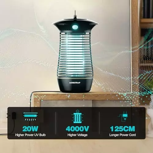 Moskitrap UV Light Electric Bug Zapper Trap Black Anti-Aging Plastic & Metal Grid Coated TiO₂ Surface for Indoor & Outdoor, Bug Zapper-20W