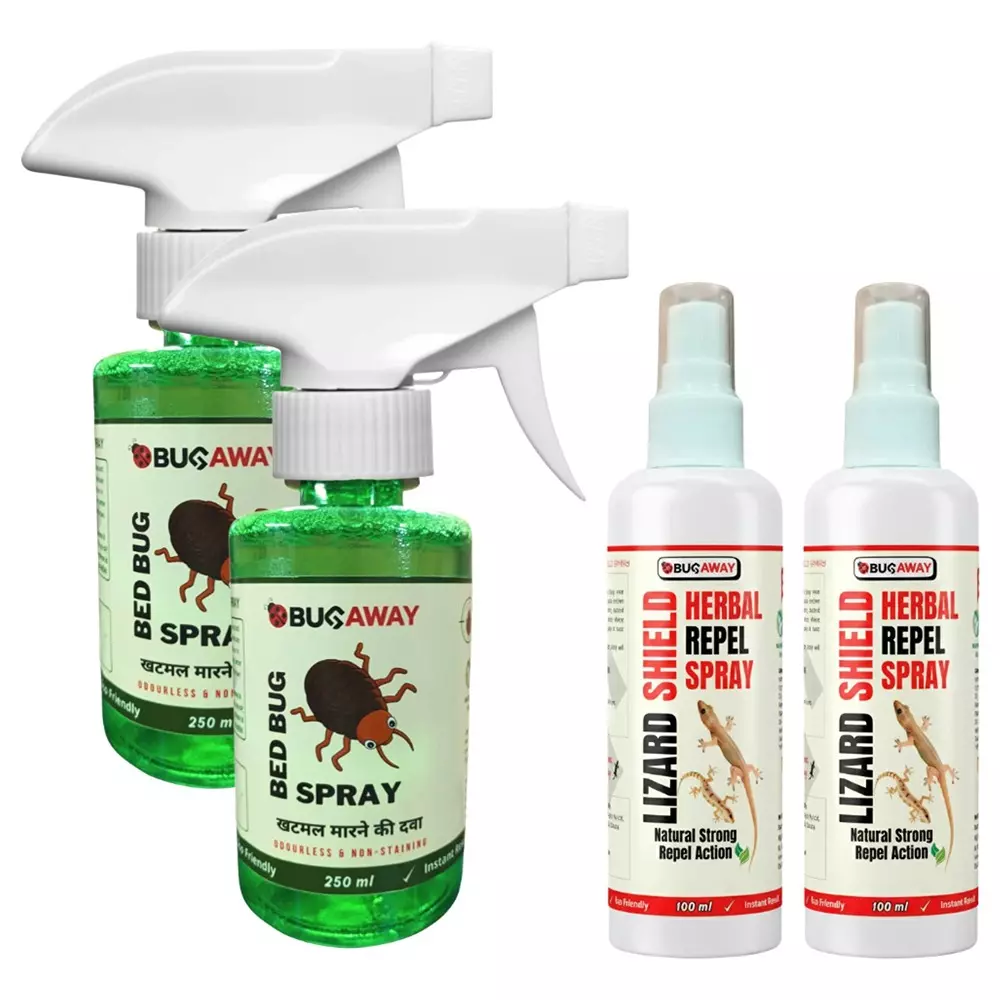 Bugaway 2 Pcs Bedbug Spray (Khatmal Spray) (250 ml), 2 Pcs Lizard Shield Spray (100 ml) Fragrance-Free Liquid for Home, School & Office Area