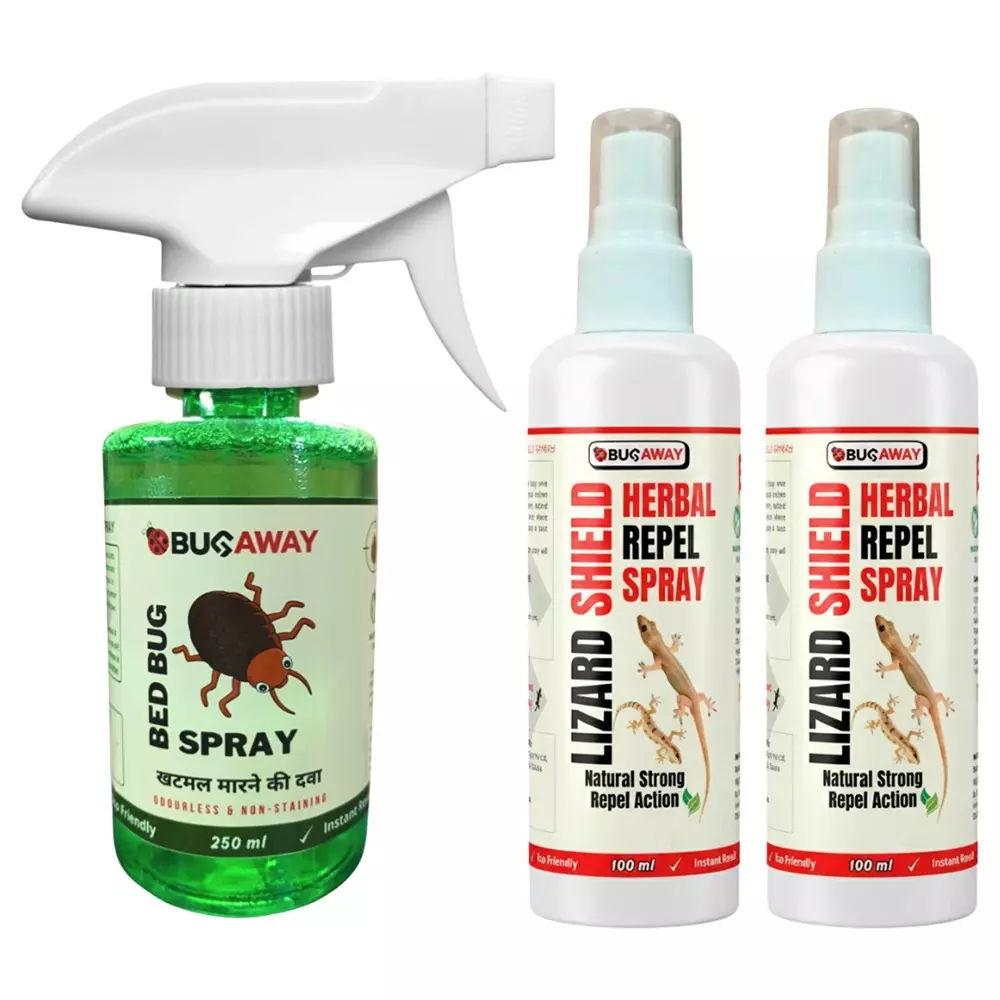 Bugaway 1 Pc Bedbug Spray (Khatmal Spray) (250 ml), 2 Pcs Lizard Shield Spray (100 ml) Fragrance-Free Liquid for Home, School & Office Area