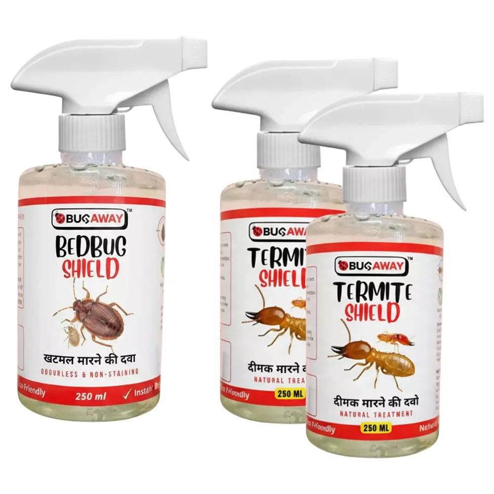 Bugaway Organic 1 Pc Bedbug Spray (Khatmal Spray) (250 ml), 2 Pcs Termite Shield Spray (250 ml) Fragrance-Free Liquid for Home, School & Office Area