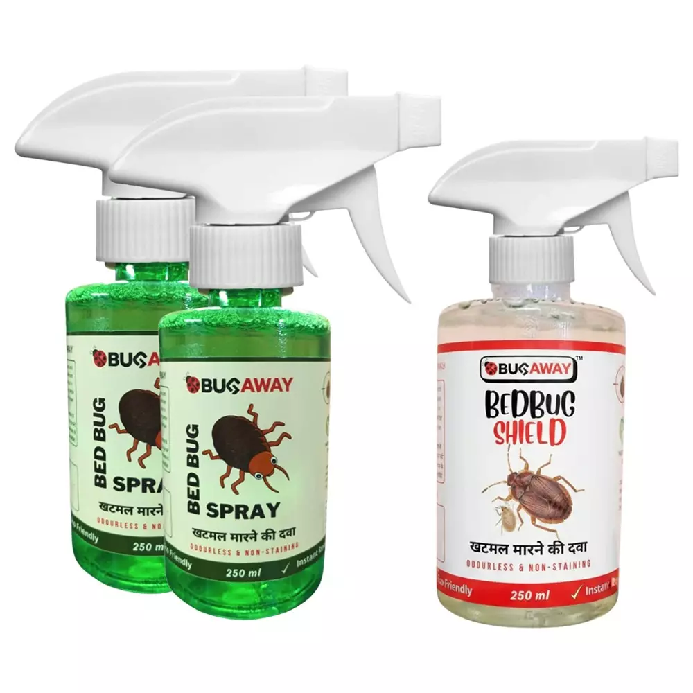 Bugaway Herbal 2 Pcs Bedbug Spray (Khatmal Spray) (250 ml), 1 Pc Bedbug Shield Spray (250 ml) Fragrance-Free Liquid for Home, School & Office Area