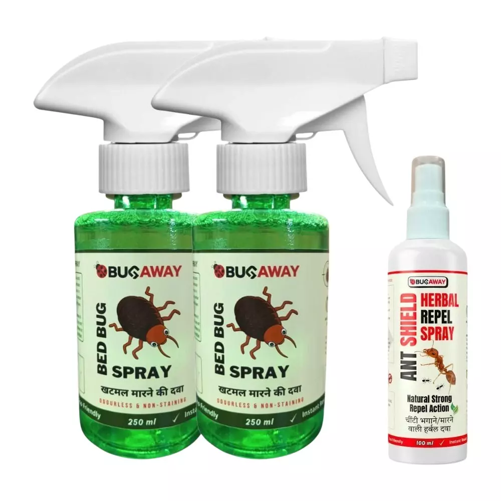 BUGAWAY BedBug Spray (Khatmal Spray) 250 ml & Anti Cockroach 100 ml Liquid Combo 100% Organic for Home (Pack of 3)