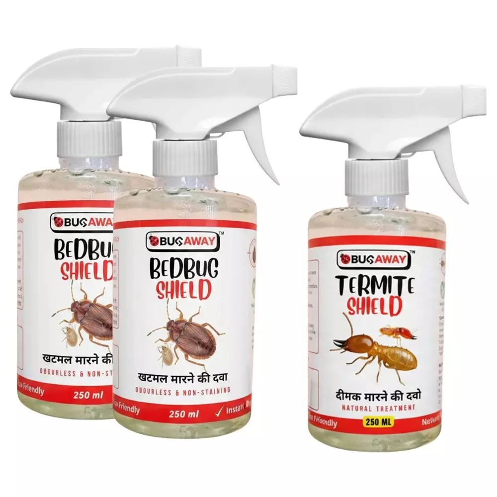 Bugaway Herbal 2 Pcs Bedbug Spray (Khatmal Spray) (250 ml), 1 Pc Termite Shield Spray (250 ml) Fragrance-Free Liquid for Home, School & Office Area
