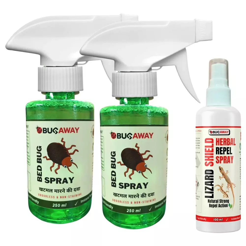 Bugaway 2 Pcs Bedbug Spray (Khatmal Spray) (250 ml), 1 Pc Lizard Shield Spray (100 ml) Fragrance-Free Liquid for Home, School & Office Area