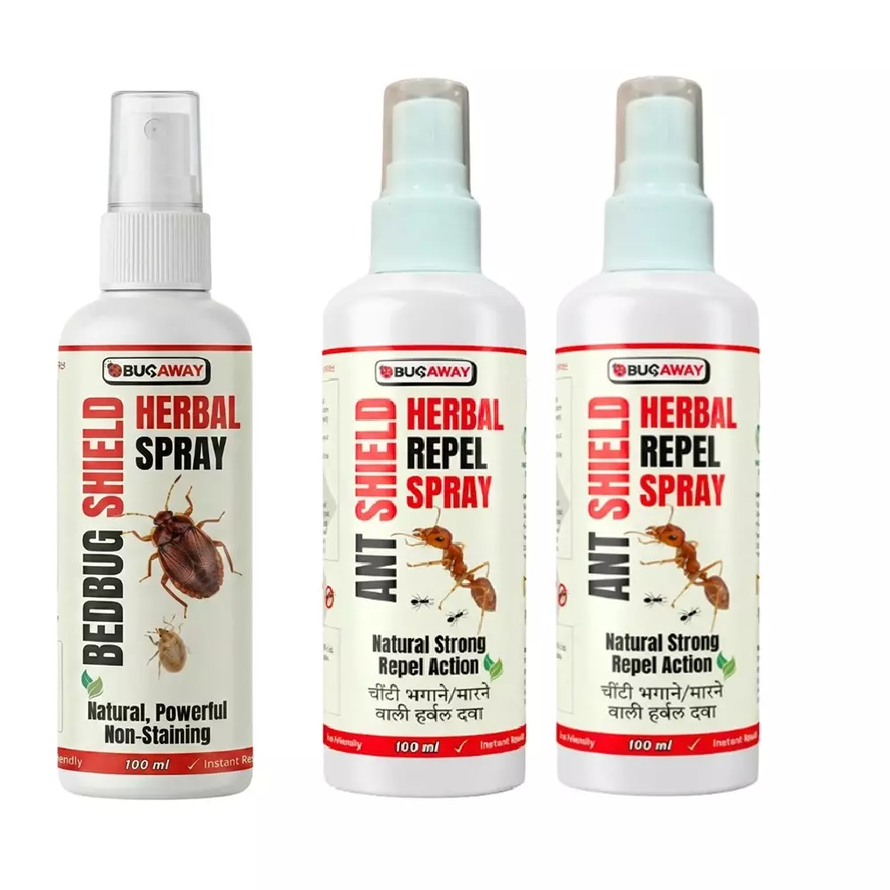 Bugaway Herbal 1 Pc Bedbug Spray (Khatmal Spray) (250 ml), 2 Pcs Organic Ant Shield Spray (100 ml) Bottle Liquid Form for Home, School & Office Area