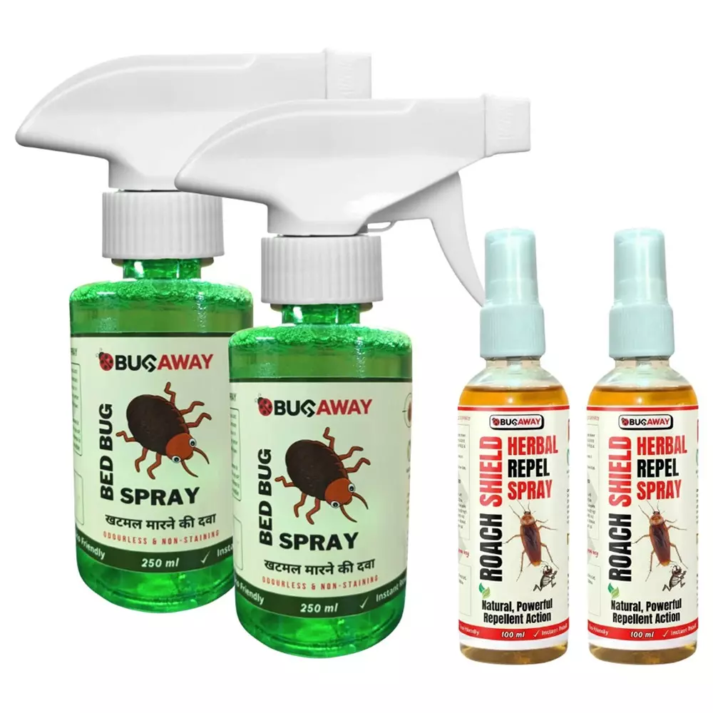 Bugaway Herbal 2 Pcs Bedbug Spray (Khatmal Spray) (250 ml), 2 Pcs Roach Shield Spray (100 ml) Fragrance-Free Liquid for Home, School & Office Area