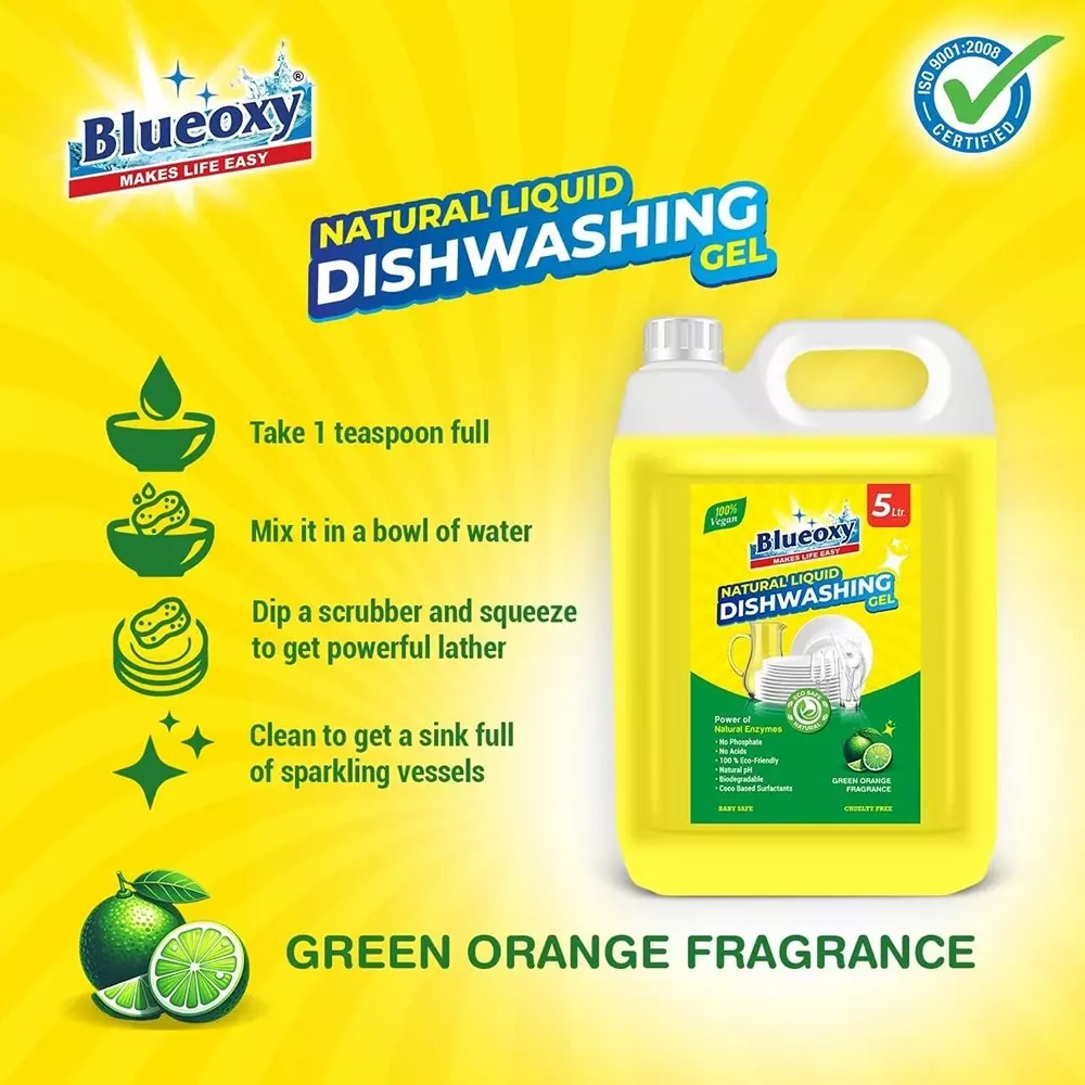 BLUEOXY Natural Dishwash Liquid Gel 5 L Green Orange Fragrance Yellow