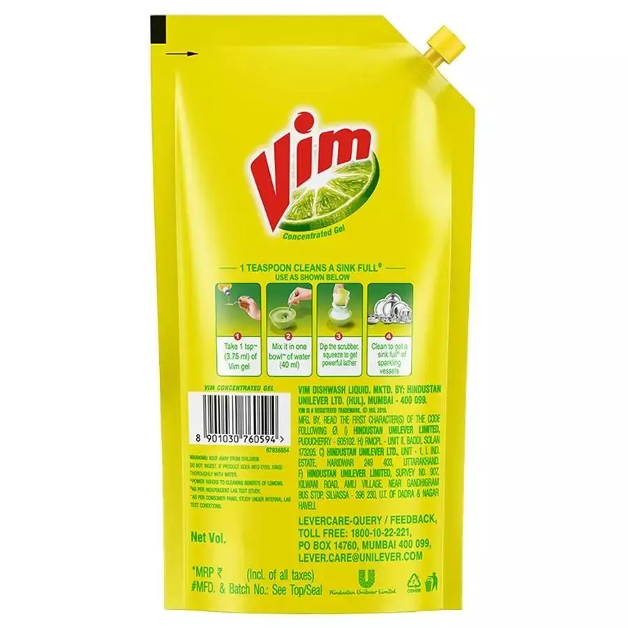 Vim Lemon Dishwash Liquid Gel Pouch 135 ml for Kitchen (Pack of 50)