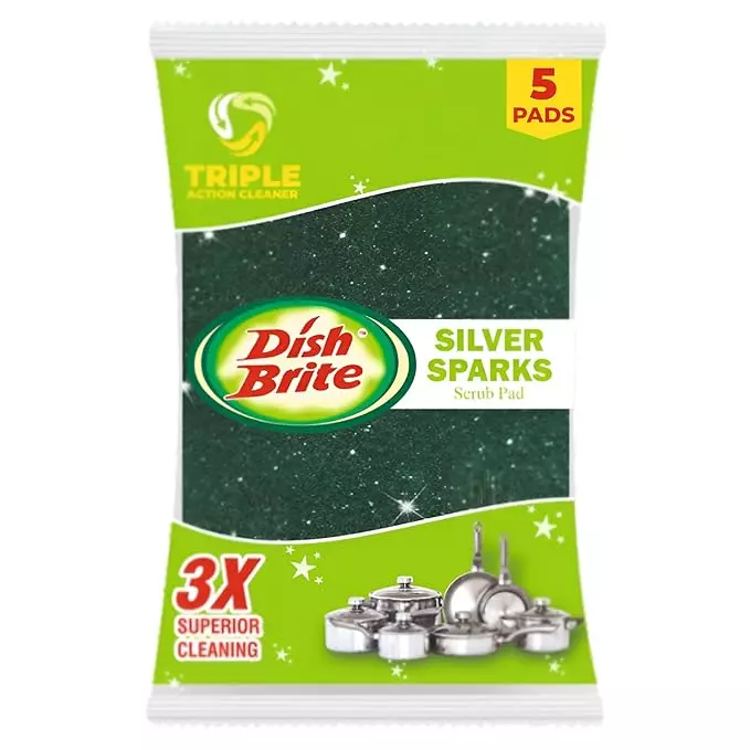 Dish Brite Silver Sparks Scrub Pad Rectangular Shape Green Color for Cleaning Utensils (Pack of 3)