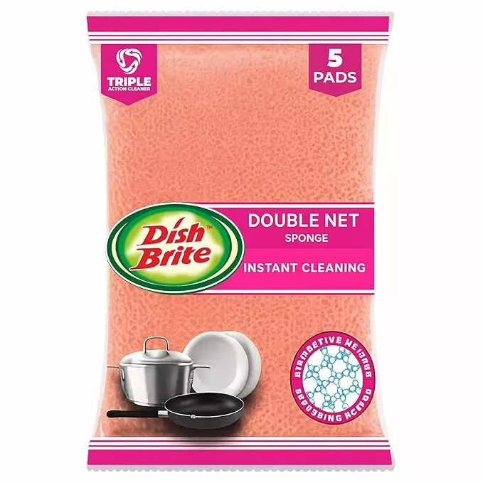 Dish Brite Double Net Sponge Scrub Pad With Stain Splitter Net Multicolor for Cleaning Utensils (Pack of 5)