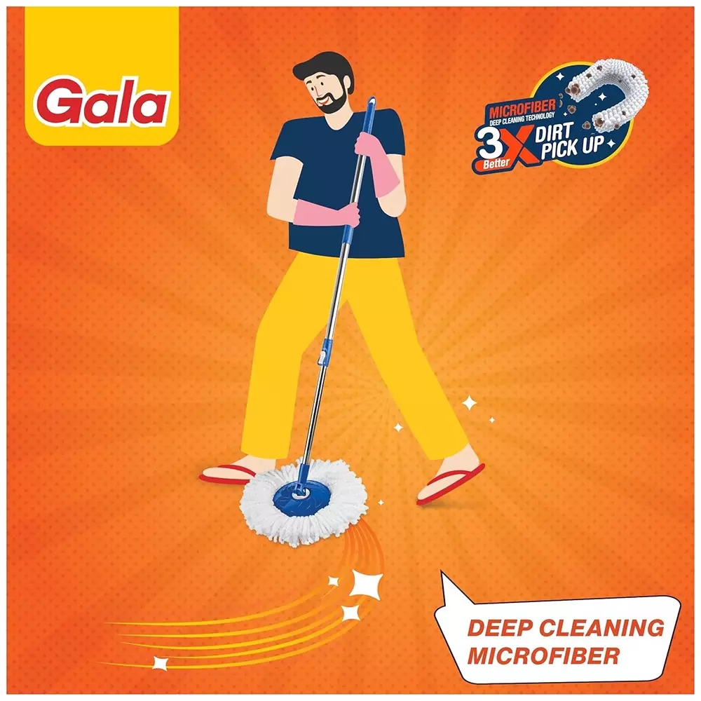 gala Jet Spin Mop Set With 2 Microfiber Refills Stainless Steel Handle Microfiber Head White & Blue 400 g, Mop_67