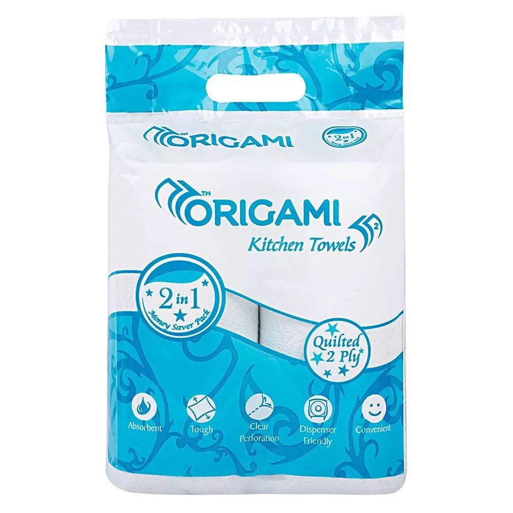 Origami 2 Rolls Per Pack Kitchen Towel 2 Ply 60 Sheets Per Roll Paper White, 4247 (Pack of 5 Packets)