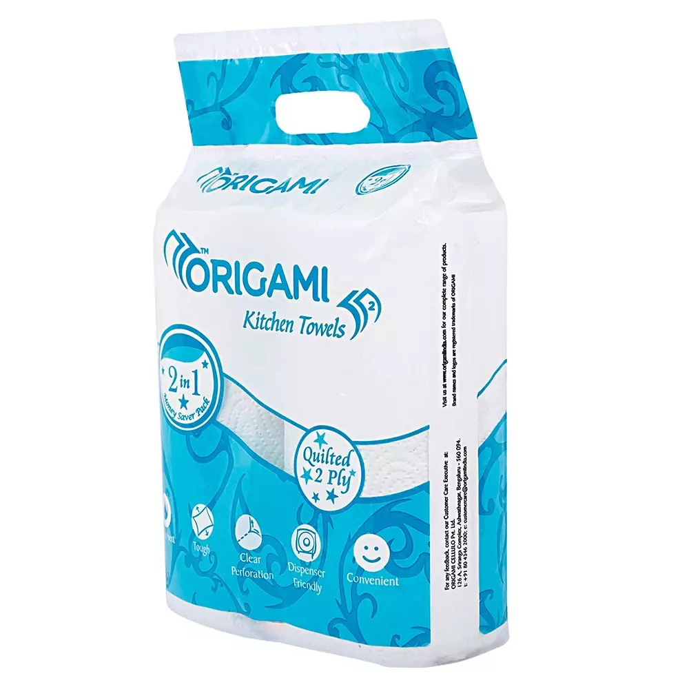 Origami 2 Rolls Per Pack Kitchen Towel 2 Ply 60 Sheets Per Roll Paper White, 4247 (Pack of 5 Packets)