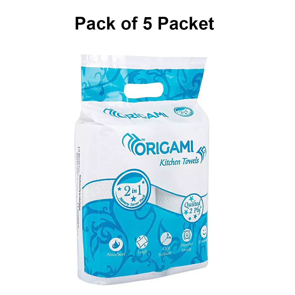 Origami 2 Rolls Per Pack Kitchen Towel 2 Ply 60 Sheets Per Roll Paper White, 4247 (Pack of 5 Packets)