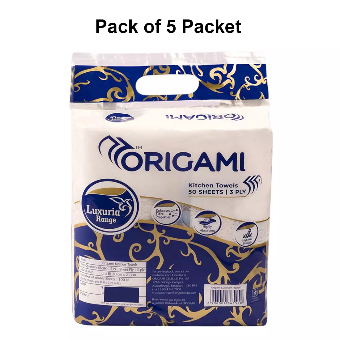 Origami 2 Rolls Per Pack Luxuria Kitchen Towel 3 Ply 50 Sheets Per Roll Paper White, 5558 (Pack of 5 Packets)