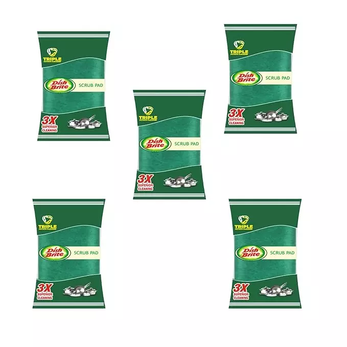 Dish Brite Scrub Pad Rectangular Shape Green Color, 12.5 cm Length and 10 cm Width for Cleaning Utensils (Pack of 5)