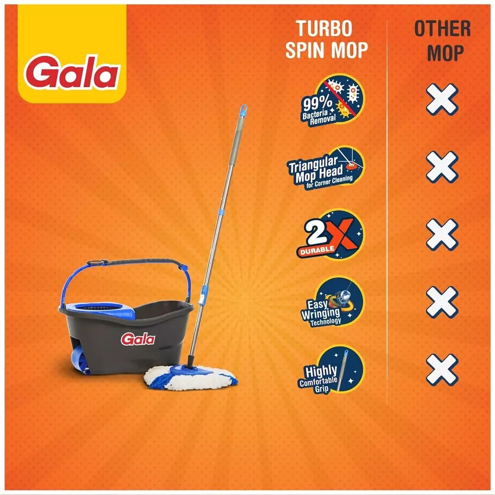 gala Turbo Spin Mop Set 4.5 ft (1.3 m) Stainless Steel Handle Microfiber Head Grey & Blue