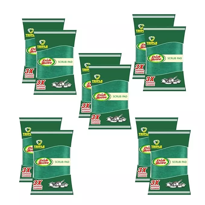 Dish Brite Scrub Pad Rectangular Shape Green Color, 12.5 cm Length and 10 cm Width for Cleaning Utensils (Pack of 10)