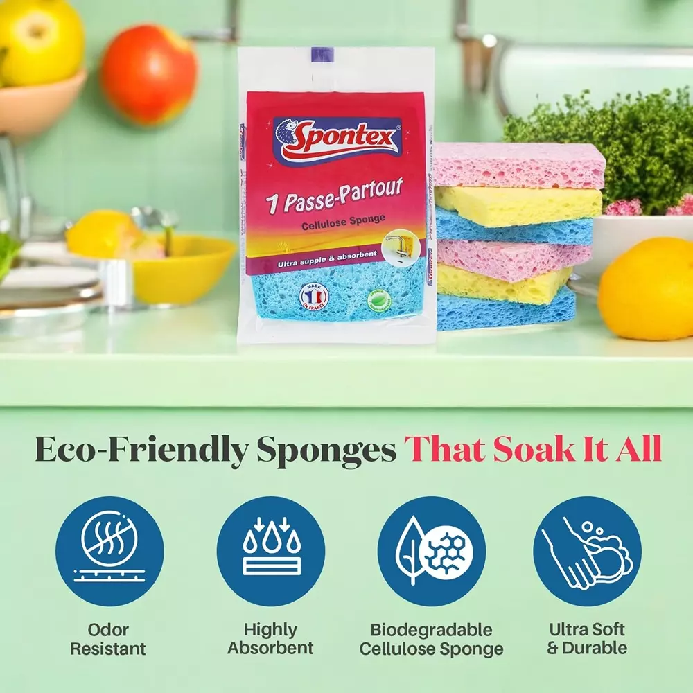 Spontex Cellulose Sponge Passe Partout for Kitchen & Bathroom Cleaning Pink (Pack of 3)