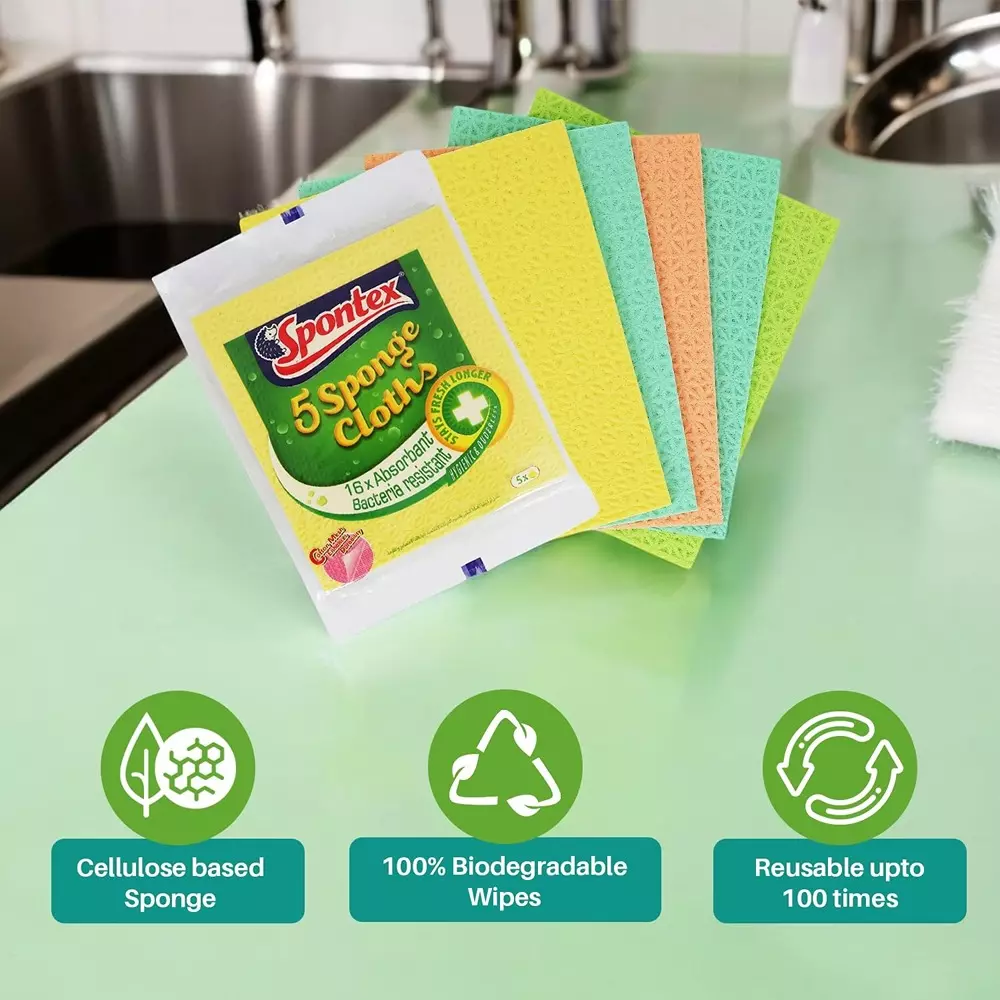 Spontex Cellulose Sponge Wipe for Kitchen, Table Tops and Furniture Cleaning (Pack of 5)