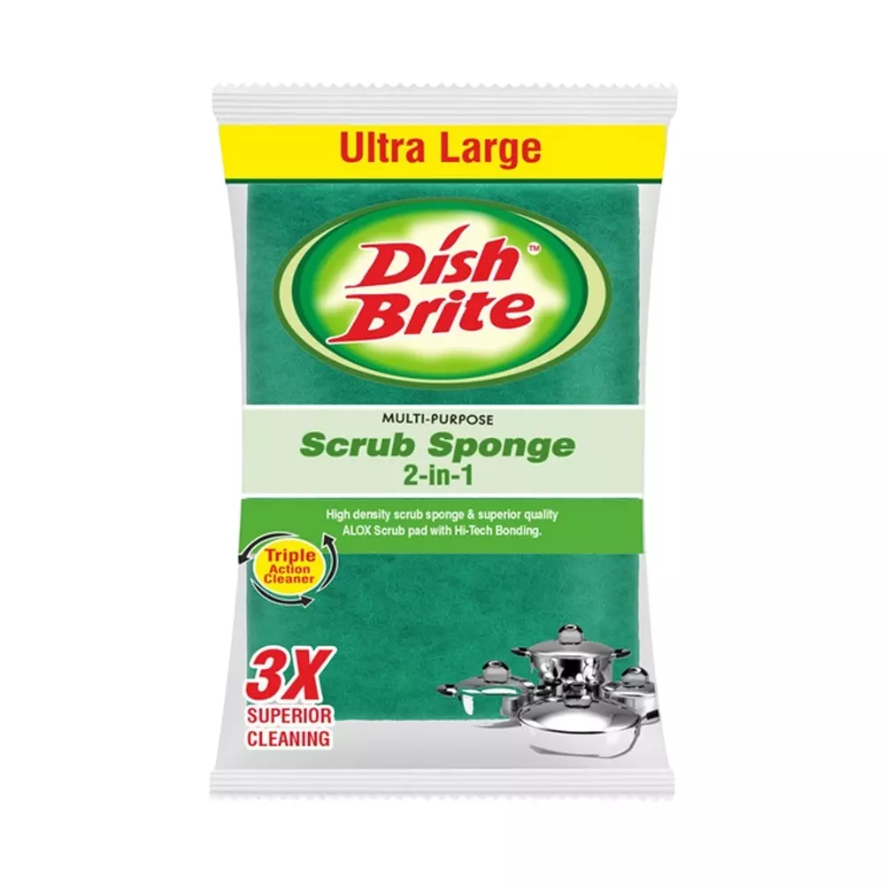 Dish Brite 2 In 1 Sponge Scrub Pad Green Non-Woven 7x10 cm Size 8 mm Thickness, (Pack of 210 Pcs)