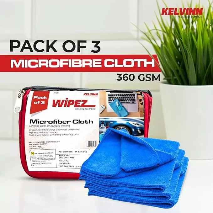 KELVINN Microfiber Cloth 41x41 cm (16x16 inch) Blue 360 GSM (Pack of 3)