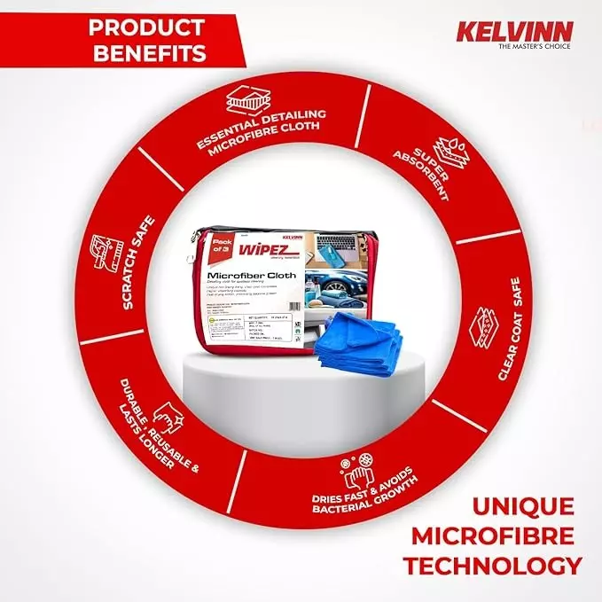 KELVINN Microfiber Cloth 41x41 cm (16x16 inch) Blue 360 GSM (Pack of 3)
