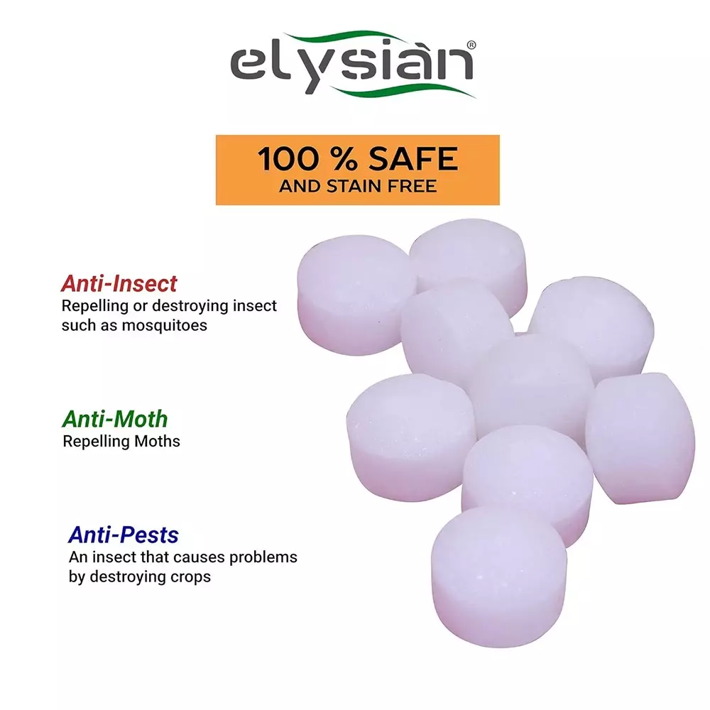 Elysian Moth Balls Anti-Bug Repellent White Naphthalene Flakes 1 Kg Packet for Wardrobes Drawers & Office Cabinets Use