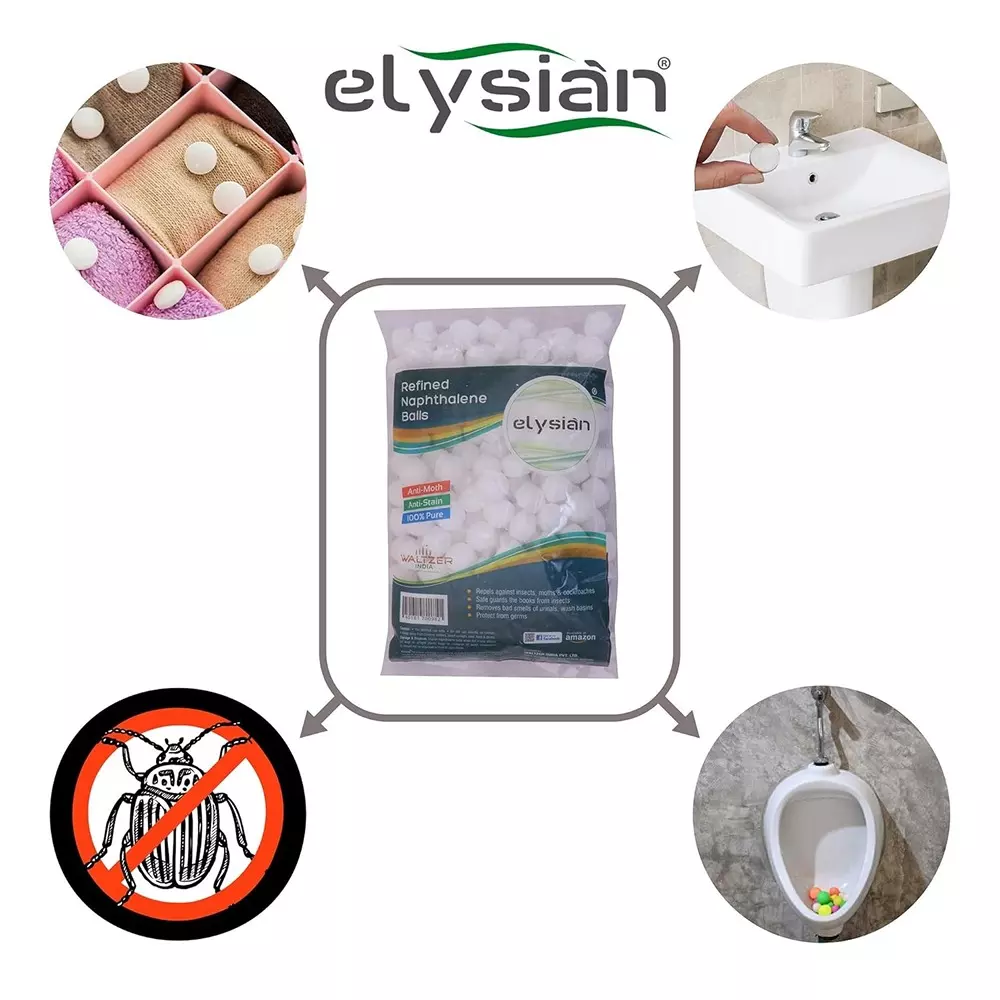 Elysian Moth Balls Anti-Bug Repellent White Naphthalene Flakes 1 Kg Packet for Wardrobes Drawers & Office Cabinets Use