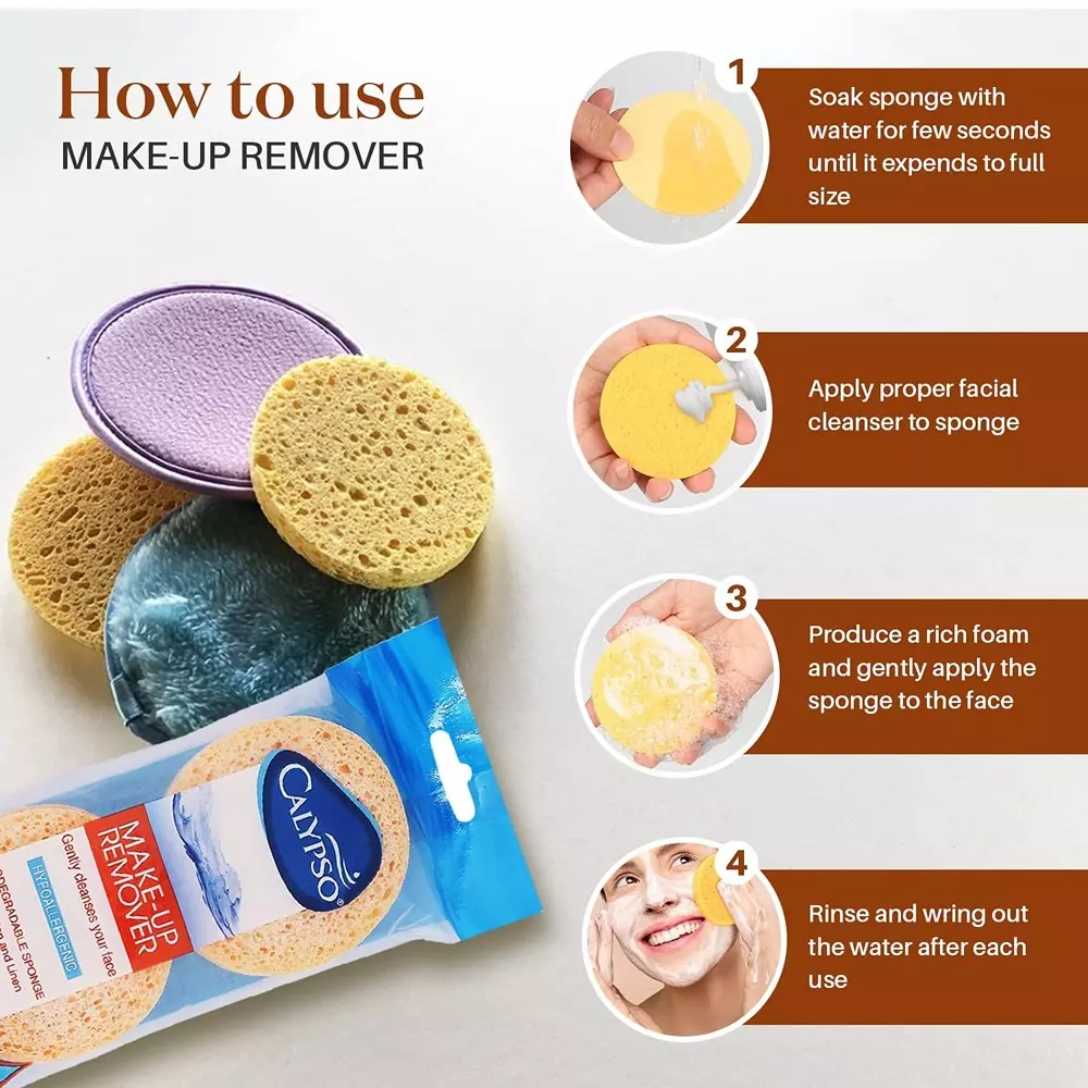 CALYPSO Make Up Remover Natural Cellulose Facial Cleaning Sponge Orange (Pack of 8)