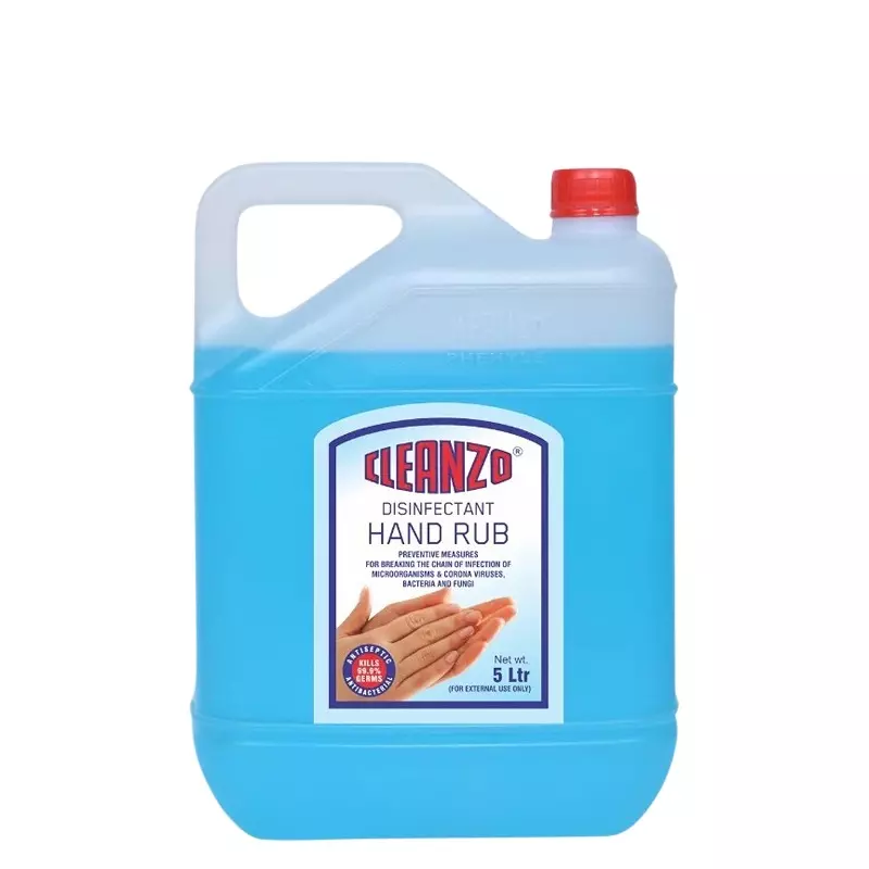 Cleanzo Hand Rub Sanitizer Blue Fresh Fragrance Liquid Form 5 L Can Packaging Type