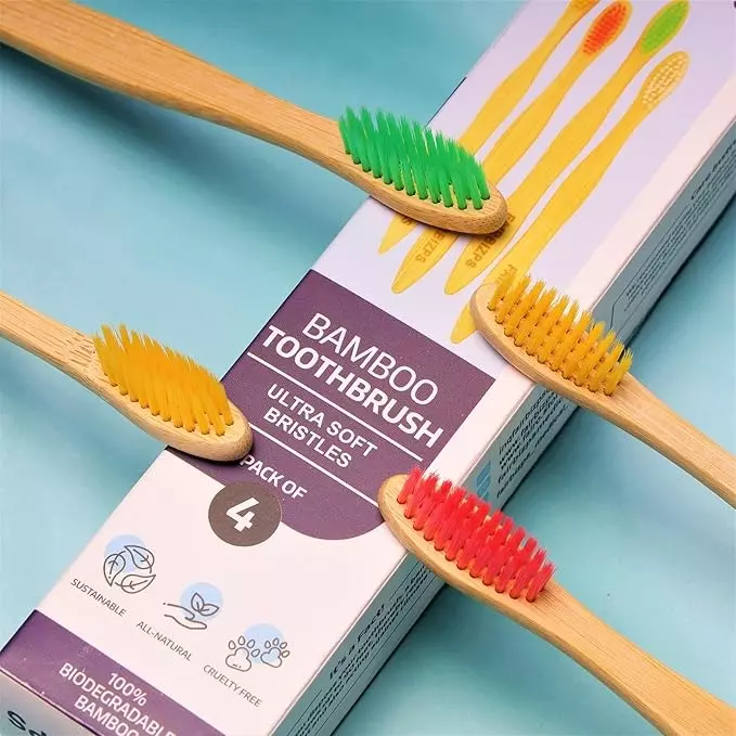 FAIRBIZPS Bamboo Toothbrush Set Soft Bristles, BPA-Free, Anti-Bacterial, Biodegradable Handle for Kids & Adults, BTS (Pack of 4)