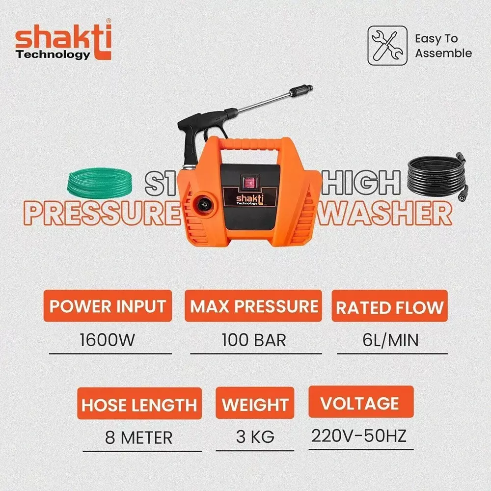 Shakti Technology High Pressure Washer 6 L/h Flow Rate 100 Bar Pressure 8 m Hose length, S1