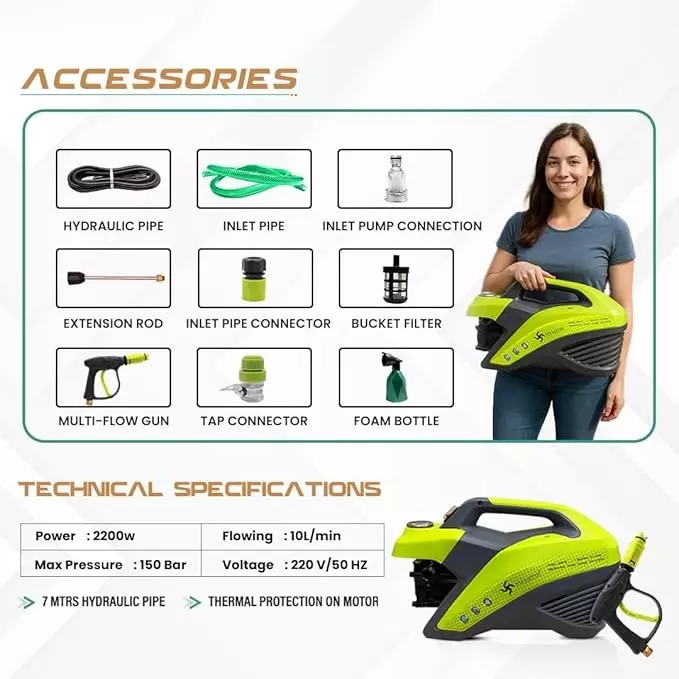 Swastik Pro-220 High Pressure Washer 2200 W Power and 150 Bar Maximum Pressure, Green