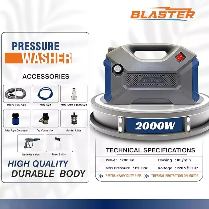 Blaster High Pressure Washer 2000 W Power and 120 Bar Maximum Pressure, Grey, Max-200