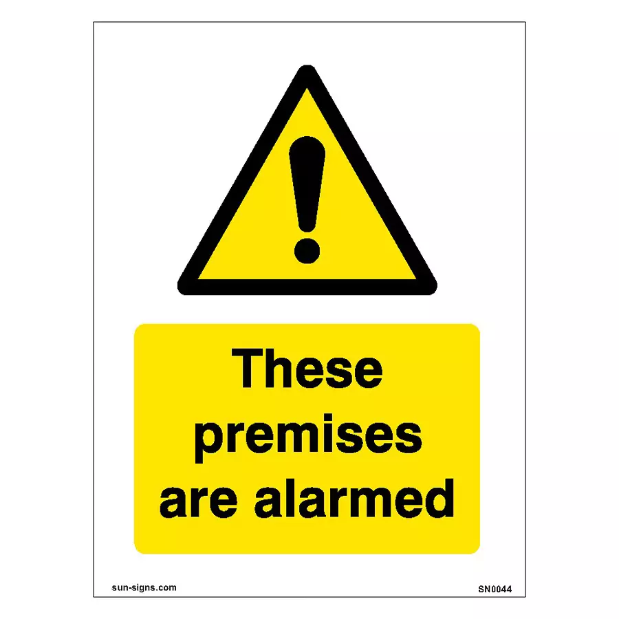 SUNSIGNS These Premises Are Alarmed Signages Size 150x100 mm HP Print + Vinyl + Sun Board, SN0044