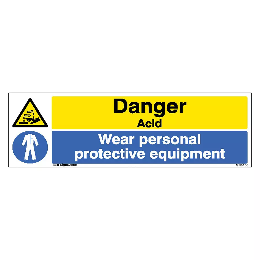 Buy SUNSIGNS  Danger Acid, Ware Personal Protective Equipment Signages Size 600x200 mm HP Print + Vinyl + ACP Sheet, SN0153 from Industrybuying.com