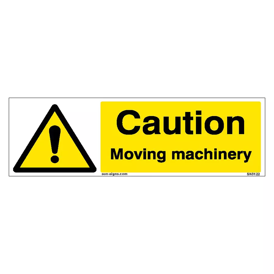 SUNSIGNS Caution Moving Machinery Signages Size 300x100 mm HP Print + Vinyl + Sun Board, SN0122