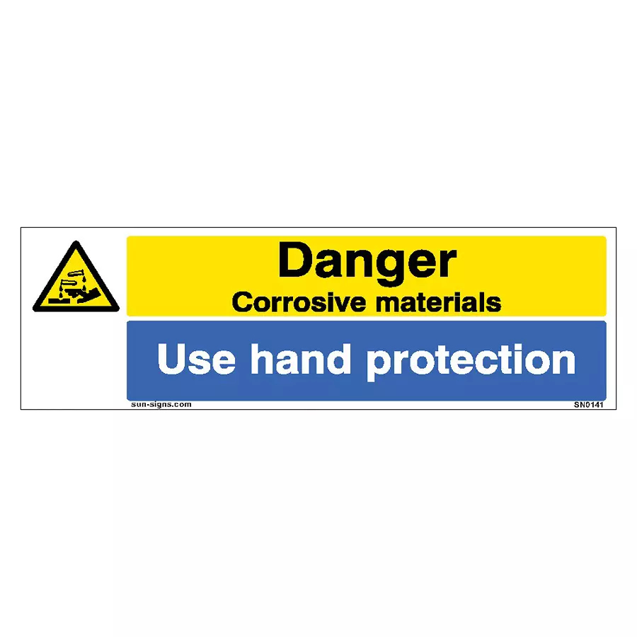 SUNSIGNS  Danger Corrosive, Use Hand Protection Signages Size 450x150 mm HP Print + Vinyl + ACP Sheet, SN0141