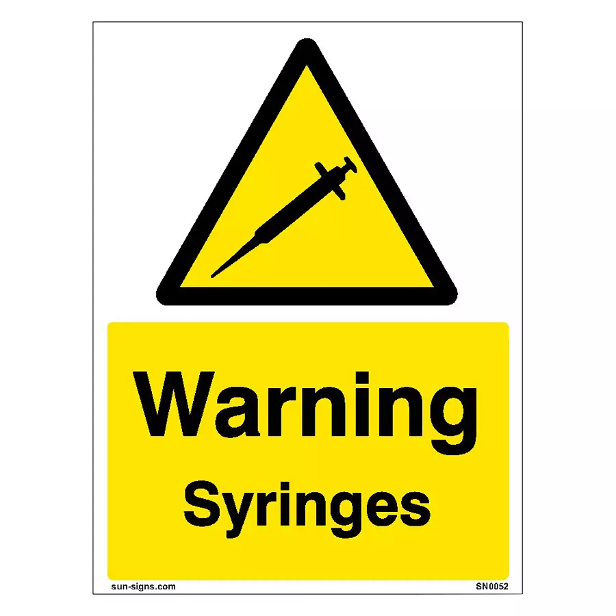 SUNSIGNS Prohibition Signs Stiker For Warning Syringes 150x100 mm Size Yellow, SN0052