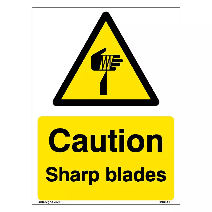 SUNSIGNS Caution Sharp Blades Signages Size 150x100 mm HP Print + Vinyl, SN0047
